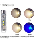 Aurora A7 G4 Keychain Flashlight USB C Rechargeable 650 Lumen EDC Light With 8 Modes showing four sidelight modes
