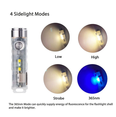 Aurora A7 G4 Keychain Flashlight USB C Rechargeable 650 Lumen EDC Light With 8 Modes showing four sidelight modes