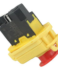 Rock Solid Five Pin Electromagnetic Pushbutton Switch 250V IP54 Waterproof with yellow casing and red button, designed for lathes.
