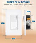 No Sweat Single Pole Three Way Slide Dimmer Light Switch With No Neutral Required For Smooth Led Cfl And Halogen Bulbs Dependable House Wall Control Box, showing slim dimensions with quarter for size reference.