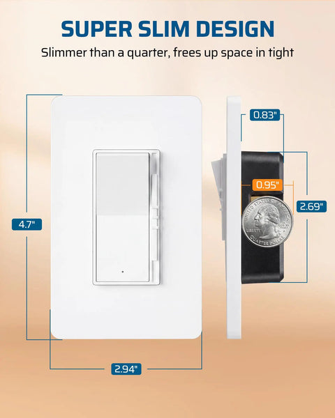 No Sweat Single Pole Three Way Slide Dimmer Light Switch With No Neutral Required For Smooth Led Cfl And Halogen Bulbs Dependable House Wall Control Box, showing slim dimensions with quarter for size reference.