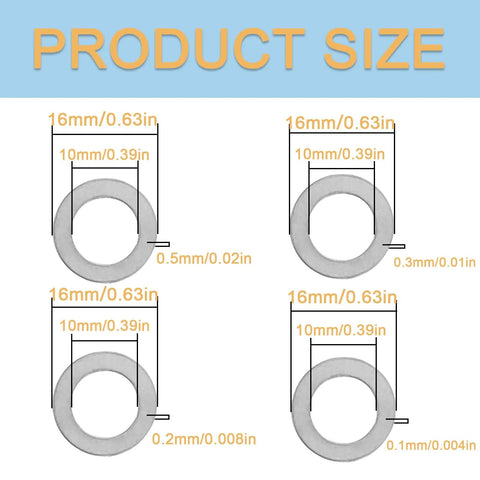 48 Pack M10 X 16 Millimeter 304 Stainless Steel Shim Washers And Precision Thin Spacers showing sizes of each washer and thickness options.