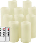 Flameless LED Candle Set Of 10 Pillar Candles Waterproof Resin For Indoor Outdoor Use Ivory With Realistic Flickering Flame And Warm Yellow Glow Battery Operated Heights 4 5 6 7 Inches, with remote controls visible.
