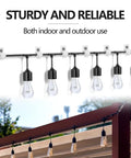 Sturdy and reliable outdoor string lights showcasing black and clear bulbs on a metal cable for indoor and outdoor use.
