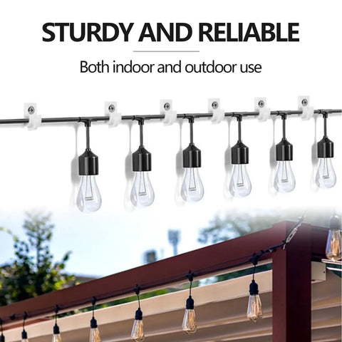 Sturdy and reliable outdoor string lights showcasing black and clear bulbs on a metal cable for indoor and outdoor use.