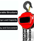 Built Like A Tank One Ton Manual Hand Chain Hoist Featuring Dual Pawl Safety Brake And Two Heavy Duty Hooks for mechanics.