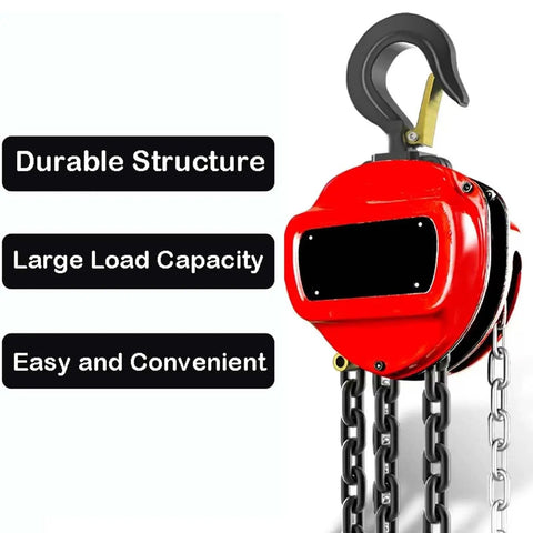 Built Like A Tank One Ton Manual Hand Chain Hoist Featuring Dual Pawl Safety Brake And Two Heavy Duty Hooks for mechanics.