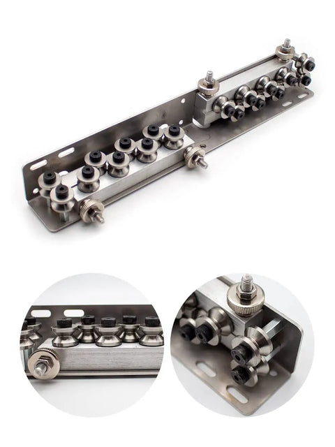 Manual and semi automatic wire straightener for copper and iron wires, stainless steel with hardened wheels, professional tool design.