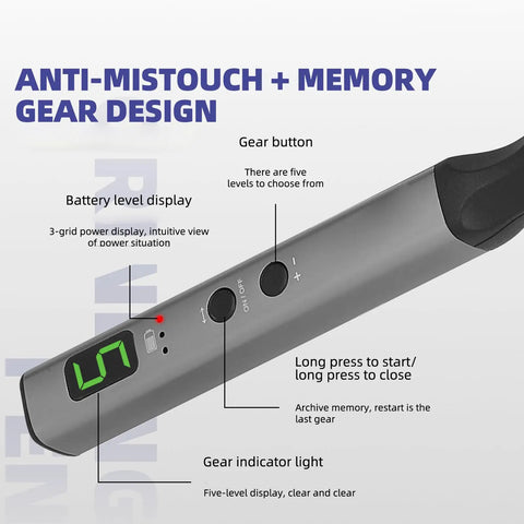 Close-up of Premium Mini Cordless Rotary Grinder with battery level display, gear button, and five-speed settings.