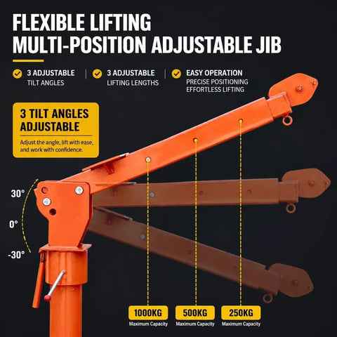 Heavy Duty Truck Mounted Bed Crane Built Damn Tough With Rock Solid Steel Frame showing adjustable jib arm tilting at 3 angles.