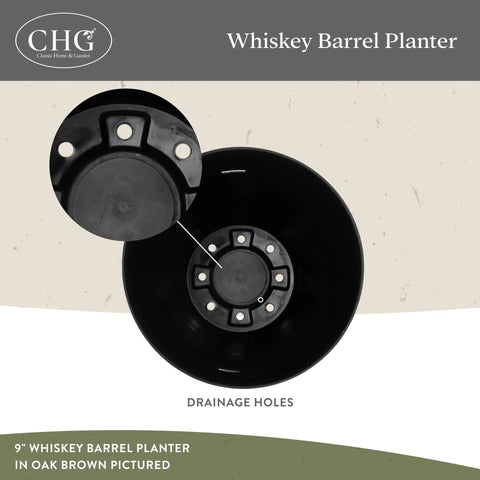 Bottom view of 9-inch whiskey barrel planter showing drainage holes, not the Outdoor Whiskey Barrel Planter Set Of 2 Made From Resin In Walnut Brown With UV Coating And Drainage Holes, Lightweight Yet Durable, Rustic Kentucky Style Garden Or Patio Flower Pots, 20.5 Inch.