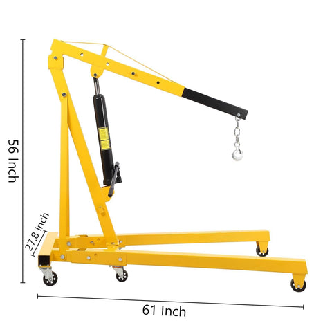 2 Ton Cherry Picker Engine Hoist With Folding Hydraulic Crane And Six Swivel Castors, yellow, showing dimensions.