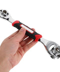 Universal Socket Wrench 48 In 1 With Rotating Head Multi Bit Fastener Tool Heavy Duty Home Repair Kit in hand, chrome and black design.