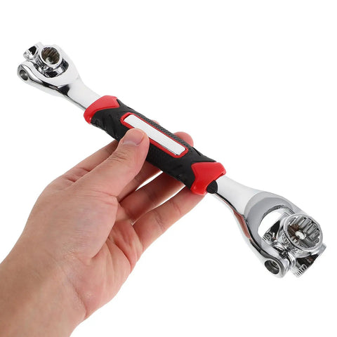 Universal Socket Wrench 48 In 1 With Rotating Head Multi Bit Fastener Tool Heavy Duty Home Repair Kit in hand, chrome and black design.
