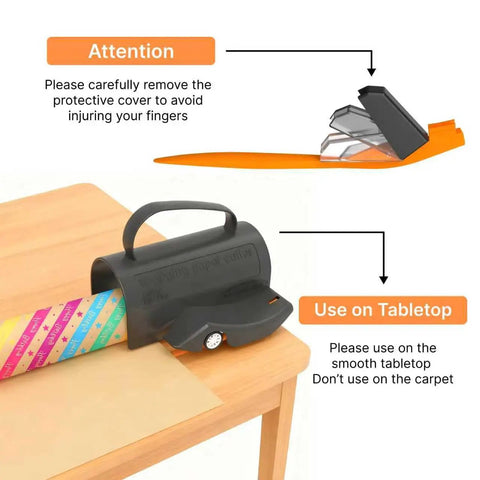 Smooth As Butter Rotary Wrapping Paper Cutter With Three Quick Swap Blades For Dead Simple Gift Roll Slicing and Straight Fire Holiday Craft Supplies Pro Grade Desktop Stationery Tool on a wooden table with colorful wrapping paper. 