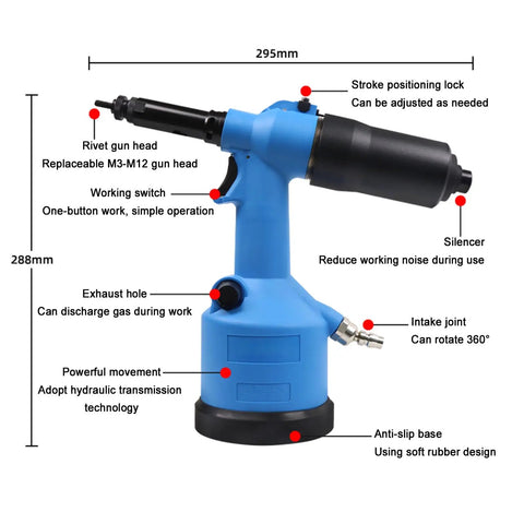 No Nonsense Heavy Duty Pneumatic Rivet Nut Pliers Set With M3 To M12 Tips and 7mm Adjustable Stroke air rivet gun detailing features.