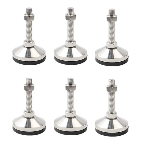Rock Solid Heavy Duty Lathe Feet With Anti Skid Base Fixed Adjustable Legs And Articulated Leveling Feet For Secure Ground Contact And Easy Multi Directional Height Tuning In Daily Use displayed in a set of six with metallic finish and threaded adjustments.