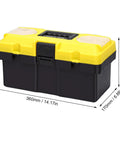 Rugged 13 Inch Plastic Tool Box with Secure Locking Latch and Removable Tray, yellow and black design, padlock ready.