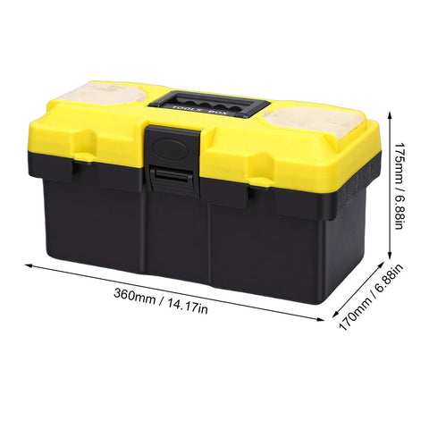 Rugged 13 Inch Plastic Tool Box with Secure Locking Latch and Removable Tray, yellow and black design, padlock ready.