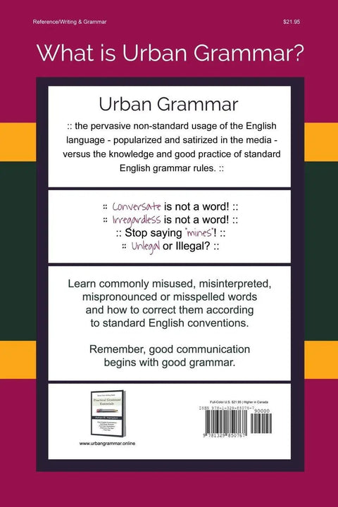 Back cover of Urban Grammar Quick Fixes By Ashan R Hampton showing grammar tips and pricing details.