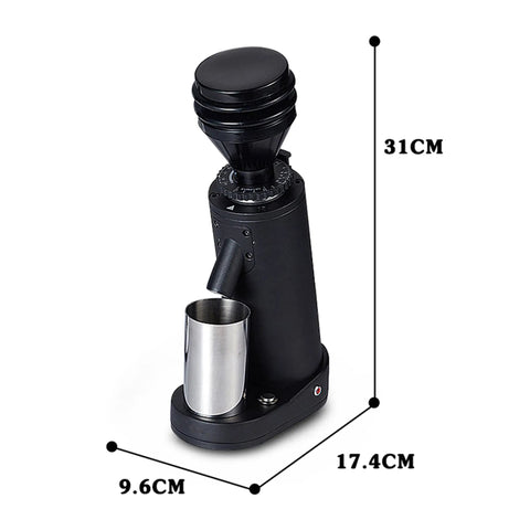 Game Changer Electric Coffee Grinder With Forty Millimeter Stainless Steel Conical Burrs And Nineteen Adjustable Grind Sizes For Perfect Drip French Press And Cold Brew Coffee Setup in black with stainless steel hopper.
