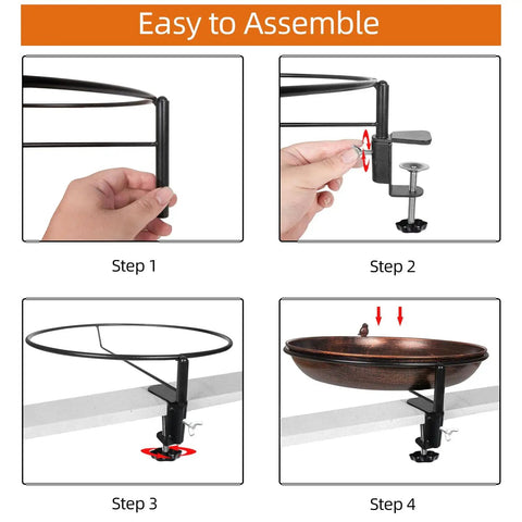 Deck Mounted Metal Bird Bath With Adjustable Steel Clamp For Railings And Balconies No Fuss Lightweight Detachable Bowl Weatherproof Rust Resistant Stand installation steps