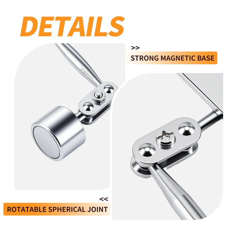 HARDK inspection mirror with magnetic base, side view showing rotatable spherical joint