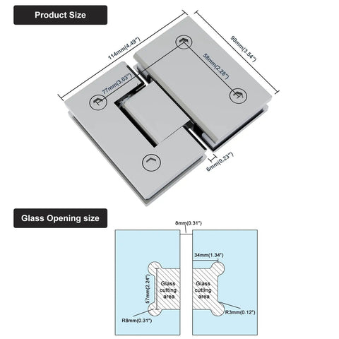 Heavy Lifting Shower Door Hinge With A Zero Friction 180 Degree Sweep Designed From Bulletproof 304 Steel with dimensions