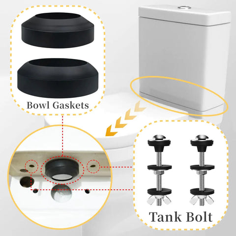 Heavy Duty Toilet Tank To Bowl Gasket Kit 2 Pack 2.75 Inch Bolts With Stainless Steel Nuts Washers Rubber Washers And Gasket Seals Fits Most 2 Inch And 3 Inch Flush Valve Openings For Leak Proof No Fuss Replacement, bowl gaskets and tank bolts shown