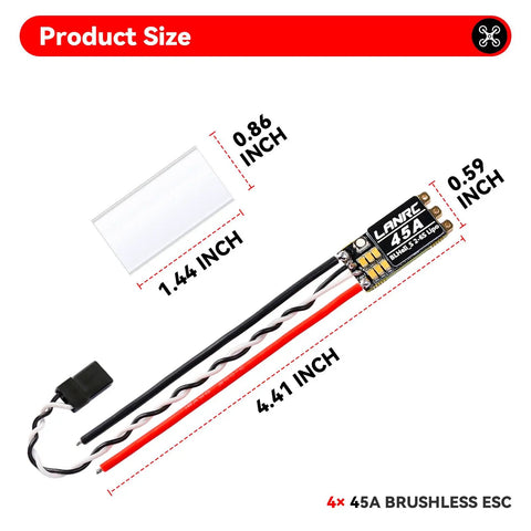 Dimensions of 45A Brushless ESC shown with wires and connectors, part of Set Of Four 45A Brushless ESCs For 2S To 6S LiPo With BLHeliS DShot 150 300 600 RGB LED Damped Light Ultra Compact 13 By 28.5 Mm And 6.6 G Each Built For FPV Quadcopter Fans.