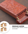 Front view of a carved wooden jewelry box with 2 copper hidden bracket hinges; recessed hardware.