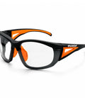 Top Shelf Industrial Safety Glasses With Vibrant Orange Frame Clear Anti Fog Lenses Scratch Resistant High Impact Shield Ansi Z87 Certified Uv400 Eye Protection Clutch For The Job Site Bad Boy Gear, side view.