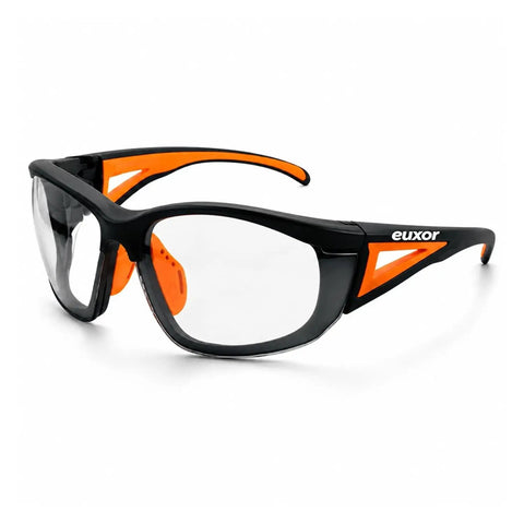 Top Shelf Industrial Safety Glasses With Vibrant Orange Frame Clear Anti Fog Lenses Scratch Resistant High Impact Shield Ansi Z87 Certified Uv400 Eye Protection Clutch For The Job Site Bad Boy Gear, side view.