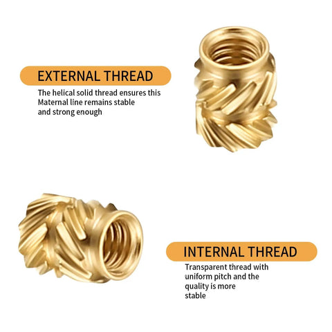 150 Pieces M3 Knurled Threaded Inserts For 3D Printing Heat Set Brass Nuts For Embedding In Plastic Shells Durable No Fuss Install High Temp Rust Resistant, showing close-up of brass inserts with external and internal threads.