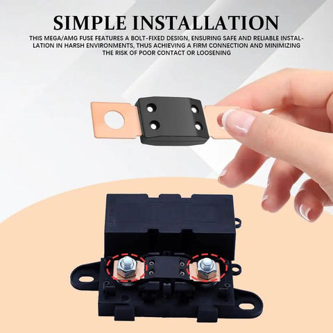 Hand holding a bolt-down design of a Premium 150 Amp MEGA Bolt Down Fuse For Trucks Cars And Boats 32V High Current Pure Copper Automotive Circuit Protector.