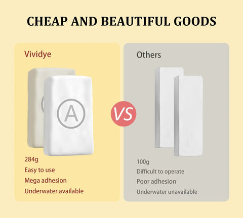 Comparison of Vividye and other putty showing weight, adhesion, and underwater use features.