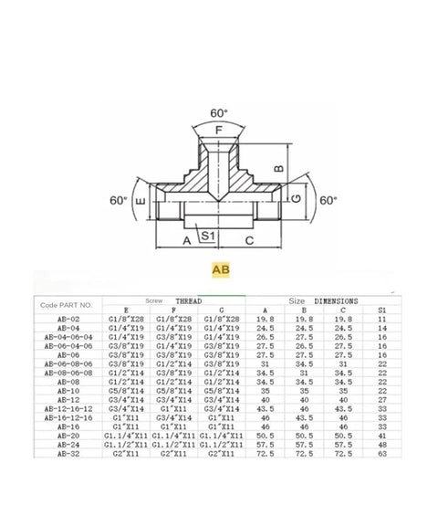 Heavy Duty Hydraulic Transition Fittings British Thread Sizes Internal Cone Tee Joint High Pressure C Type Pipe Connector For Industrial Use Or DIY Projects Runs Smooth As Butter Saves Money And Time Perfect For Professional Work, AB diagram