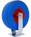 No More Flat Tire Headaches Hey Heavy Duty 10 Inch Flat Free Caster Set blue rubber wheel with steel hub and brackets.