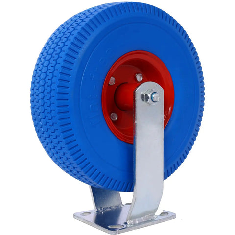 No More Flat Tire Headaches Hey Heavy Duty 10 Inch Flat Free Caster Set blue rubber wheel with steel hub and brackets.