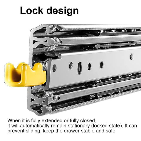 Close-up of lock design on Beefy Heavy Duty 500lbs Drawer Slides with Full Extension Ball Bearing Rails 72 Inch Side Mount