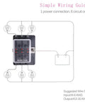 No Sweat Six Way RV Fuse Block And Blade Box With Bright LED Indicators diagram showing 1 power connection and 6 circuit outputs.