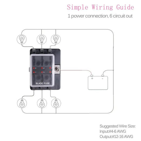 No Sweat Six Way RV Fuse Block And Blade Box With Bright LED Indicators diagram showing 1 power connection and 6 circuit outputs.