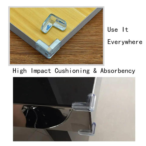 Heavy Duty Crystal Clear Corner Guards For Furniture Bed And Desk 12 Pack L Shaped Adhesive Bumpers Keep Kiddos Safe on wood and glass surfaces.