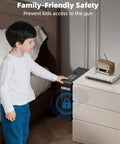 Child near a Slick Fingerprint Biometric Gun Safe With Slider Bedside Design For Handgun Quick Access nightstand.