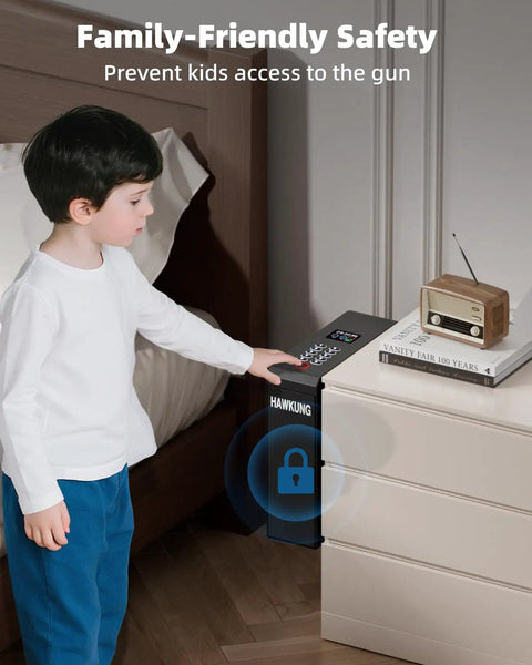 Child near a Slick Fingerprint Biometric Gun Safe With Slider Bedside Design For Handgun Quick Access nightstand.