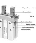 Diagram of 20mm Bore Air Gripper Pneumatic Cylinder, Parallel Style Aluminum Alloy Body, showing parts like pneumatic claw and guide rail.