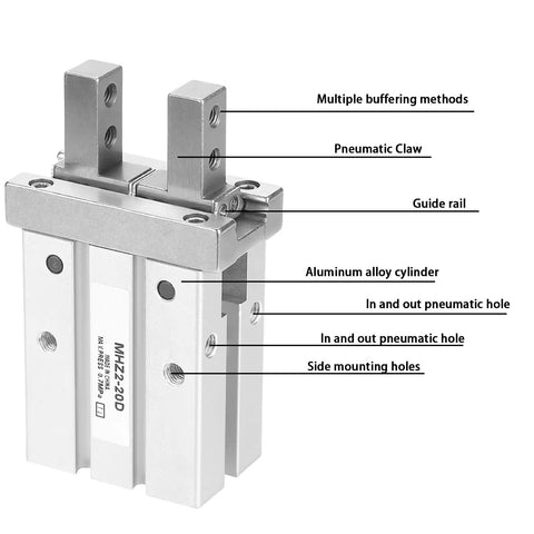 Diagram of 20mm Bore Air Gripper Pneumatic Cylinder, Parallel Style Aluminum Alloy Body, showing parts like pneumatic claw and guide rail.