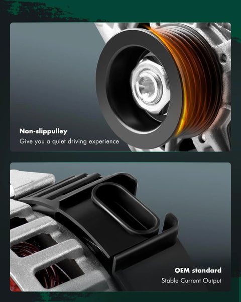 Close-up view of alternator replacement for Chevrolet Aveo 1.6L 2004 to 2008 with 12V 85A CW six groove pulley showing pulley and vent.