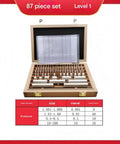 Bullseye Precision 87 Piece Ceramic Rectangular Gauge Block Set in wooden case, displaying size chart for calibration tools.