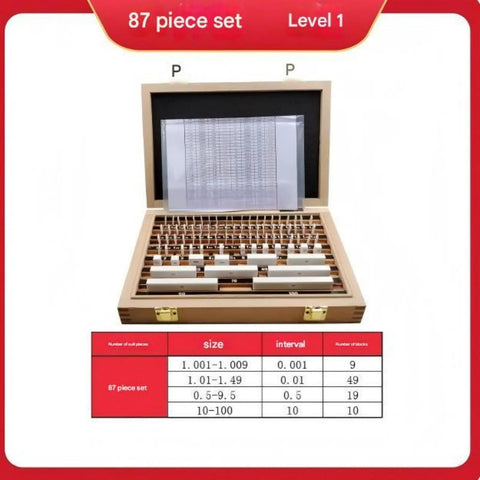 Bullseye Precision 87 Piece Ceramic Rectangular Gauge Block Set in wooden case, displaying size chart for calibration tools.
